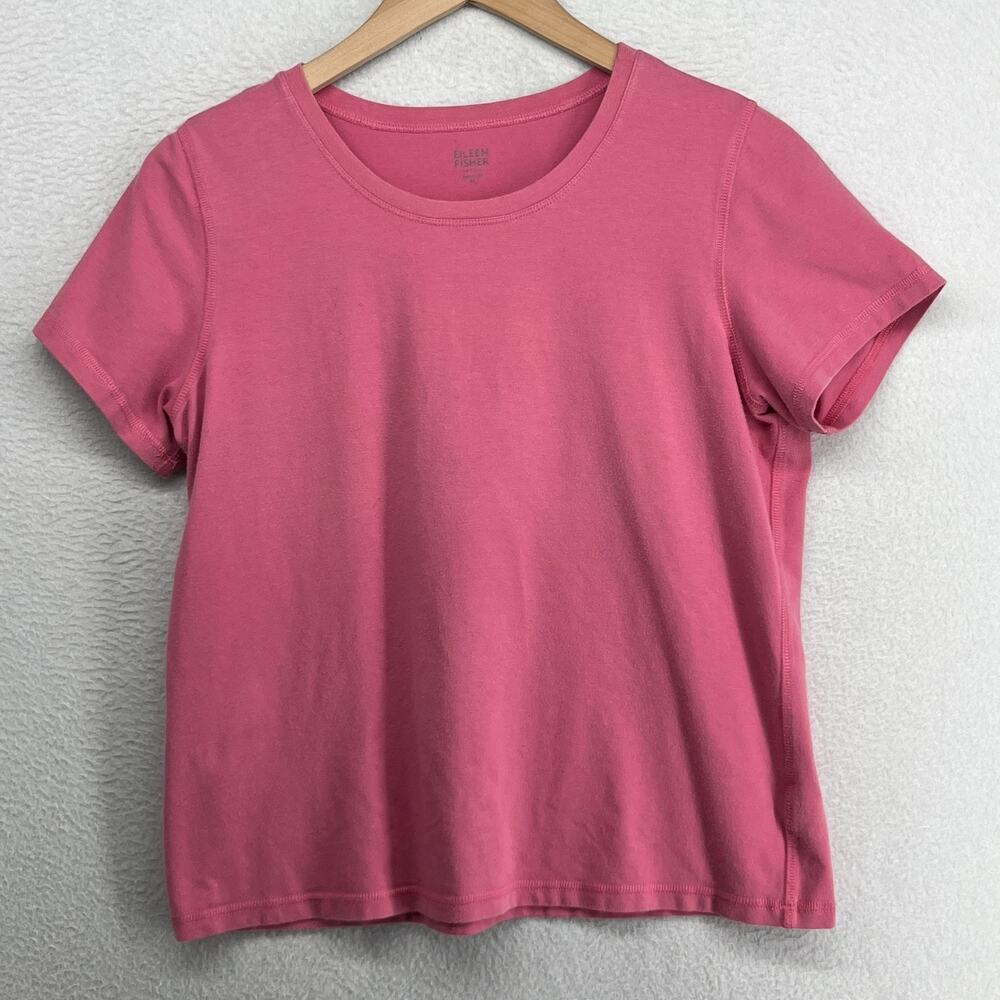 EILEEN FISHER Top PL Stretch Organic Cotton Scoop Neck Short Sleeve Pink USA